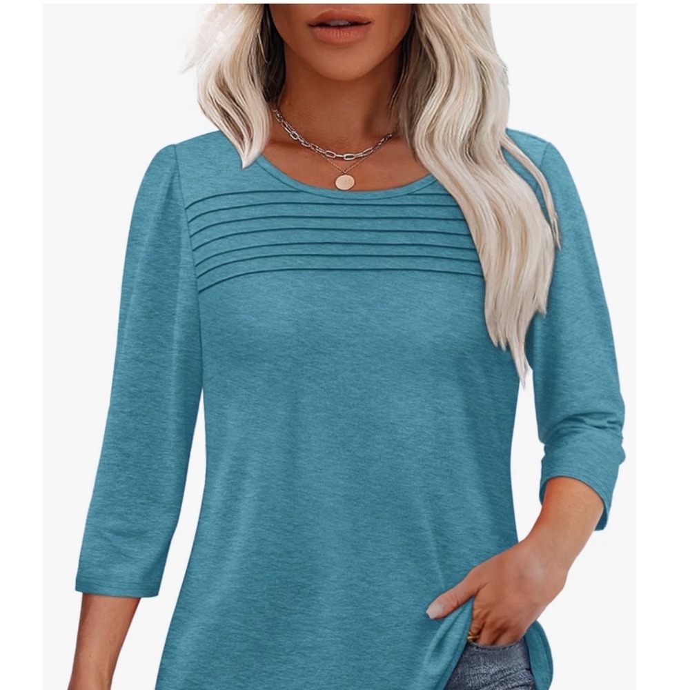 OFEEFAN Blouse Women XL Turquoise Pleated Front 3/4 Sleeve Curved Hem NEW